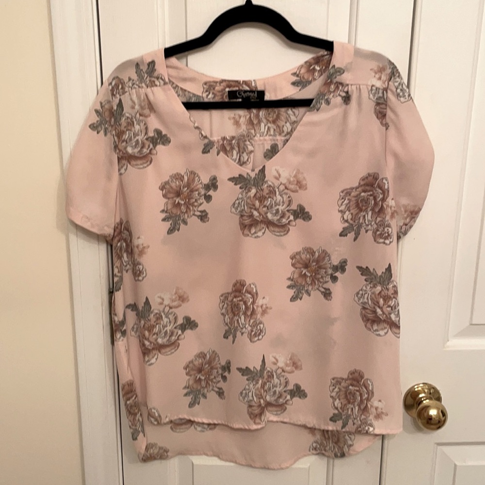 Light Pink Floral Blouse with roll tab sleeves